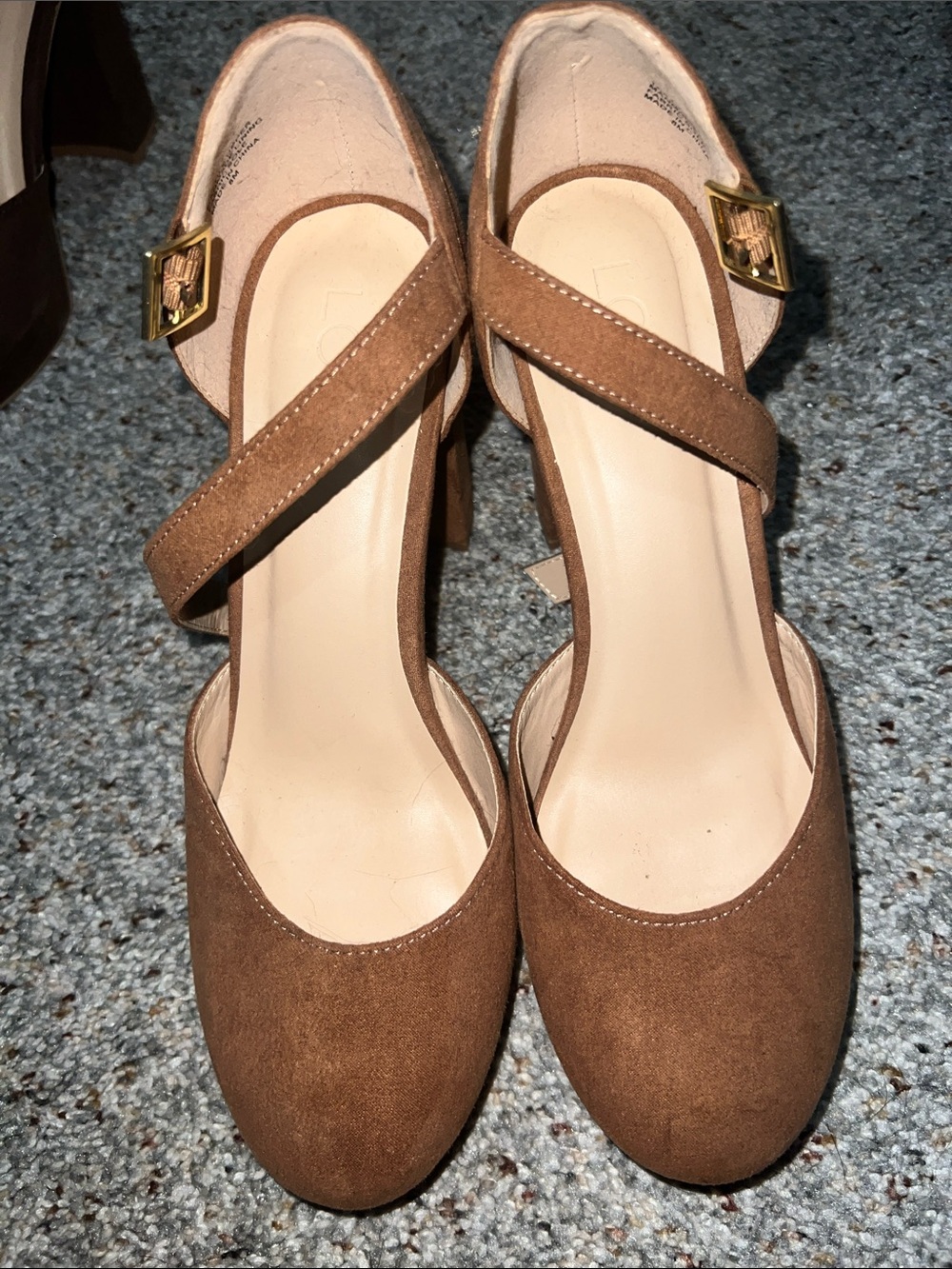 LOFT Brown Suede Cross-Strap Heels with Gold Buckle